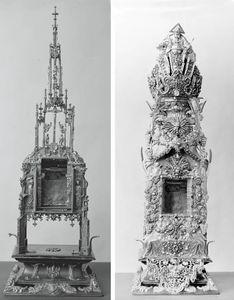 Eine der ältesten eucharistischen Wallfahrten in Bayern ist die zum 1199 erstmals bezeugte "Wunderbarlichen Gut" in der Stiftskirche von Hl. Kreuz in Augsburg. Die wundertätige Hostie erhielt im 13. Jahrhundert einen gotischen Schrein (links), der 1665 barock verziert wurde (rechts). (Bayerisches Landesamt für Denkmalpflege)