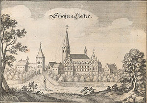 Kloster Scheyern. Abb. aus: Matthäus Merian, Topgraphia Bavariae, Frankfurt 1644. (Bayerische Staatsbibliothek, Res/2 Bavar. 601-1)