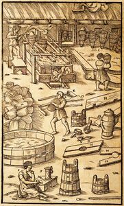 Darstellung eines Pfannhauses bei Georg Agricola, wie es im Mittelalter für die Salzgewinnung genutzt wurde. (Abb. aus: Agricola, Georg: Georgii Agricolae De Re Metallica Libri XII, 448)