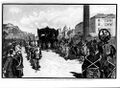 Darstellung des Leichenzuges König Ludwigs II. auf dem Karolinenplatz. Der Leichenwagen wird von der Leibgarde der Hartschiere begleitet. Zeichnung von Ferdinand Pius Messerschmitt (1858-1915).(Stadtarchiv München, C1886129 lizenziert durch CC BY-ND 4.0 Deed)