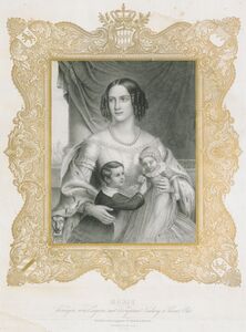 Königin Marie von Bayern (1825-1889) mit den Prinzen Ludwig und Otto (1848-1916). Lithographie von Thomas Driendl (1807-1859), um 1850. (Bayerische Staatsbibliothek, Bildarchiv port-00621)
