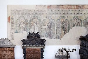Teilabbildung einer Wandmalerei (ca. 1430) im südlichen Seitenschiff der Minoritenkirche St. Salvator in Regensburg mit den 14 Nothelfern. (Museen der Stadt Regensburg, Foto: Peter Ferstl)
