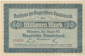 Bayerische Staatsbank (Munich) 50 million mark banknote, August 1923. (HVB Stiftung Geldscheinsammlung)