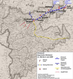 Truppenbewegungen und Gefechte während der zweiten Phase des Tiroler Aufstandes im Mai 1809. (Gestaltung: Laura Niederhoff)