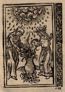 Holzschnitt mit Darstellung eines Hagelzaubers, aus: Ulrich Molitoris, Von den unholden oder Hexen, Ausgburg 1508. (Bayerische Staatsbibliothek, Res/4 H.g.hum. 16 o)