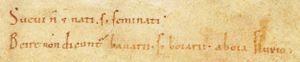 Marginal glossary in the "Geographus Bavarus" glossary on the name "Bayern". Excerpt from: Geographus Bavarus, astronomical and mathematical collective manuscript, Southwest Germany, 9th-11th century, fol. 150r. (Bayerische Staatsbibliothek [Bavarian State Library Clm 560])