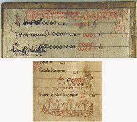 Earliest representation of Nuremberg Castle in a wax tablet interest ledger from around 1425. (Staatsarchiv Nürnberg (Nuremberg State Archives), Nbg_Salbuecher_15c_fol 1b and 2b)