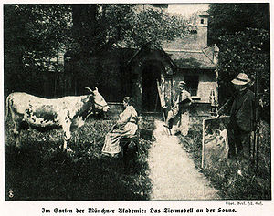 Das Tier-Atelier Heinrich von Zügels (1850-1941) im Garten der Münchner Kunstakademie. (aus: Die Woche, 1909, Heft 48, 2060)