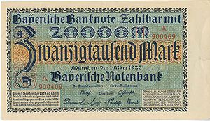 Bayerische Notenbank (Munich) 20,000 mark banknote, March 1923. (HVB Stiftung Geldscheinsammlung)