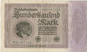 Reichsbank 100,000 mark banknote, February 1923. (HVB Stiftung Geldscheinsammlung)