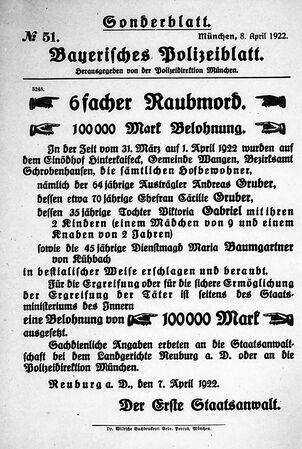 Sonderblatt der Polizeidirektion München im Fall Hinterkaifeck. (Staatsarchiv München, Pol. Dir. 8091b)