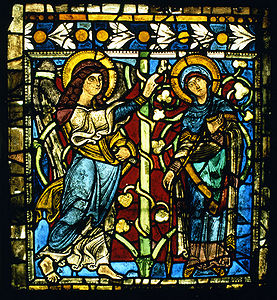 Verkündigung an Maria. Glasfenster aus dem Triforium des Südquerhauses des Regensburger Domes. Triforium. Das Fenster wurde aus dem alten Dom übertragen. Entstehung um 1230. (Foto Achim Hubel)