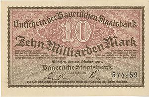 Bayerische Staatsbank (Munich) 10 billion mark banknote, August 1923. (HVB Stiftung Geldscheinsammlung)