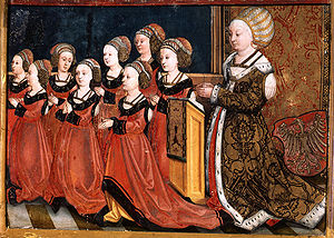 Darstellung von Markgräfin Sophia (geb. Sofia Jagiellonica 1464-1512) mit ihren Töchtern auf dem Hochaltar in der Heilsbronner Klosterkirche. (Fotografie: Eugen Berberich)
