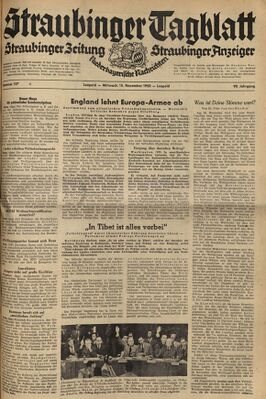 Titelseite des Straubinger Tagblatt vom 15.11.1950. (Straubinger Tagblatt)