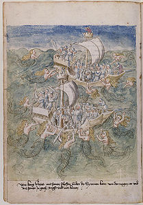 Guido de Columnis, Geschichte der Zerstörung Trojas: Ulysses bei den Sirenen. (Bayerische Staatsbibliothek, Clm 61, f. 186v)