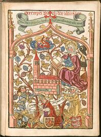 Gedenkblatt für den Übergang Altomünsters an die Birgitten 1497. Der Holzschnitt zeigt die hl. Birgitta vor der stilisiert dargestellten Klosterkirche von Altomünster ("Mariaminister"). Unterhalb der Kirche kniet der hl. Alto (als Bischof), flankiert von Herzog Georg dem Reichen und seiner Gemahlin Hedwig (1457-1502), welche die Kirche an Birgitta übergeben. 1599 wurde der Einblattdruck in eine Inkunabel eingeklebt und bei dieser Gelegenheit der Buchtitel in roter Tinte ("exempel Büch der altväter") nachgetragen. (Bayerische Staatsbibliothek, Rar. 330)