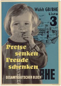 Wahlplakat des Bundesverbandes des BHE in Bonn zur Bundestagswahl 1957. Druck bei Greve-Druck, Berlin. (Bayerisches Hauptstaatsarchiv, Plakatsammlung 25828)