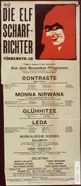 Programmplakat der "Elf Scharfrichter" für November 1902 mit folgenden Stücken: Contraste, Monna Nirwana, Glühhitze, Leda, sowie drei Musikalische Scenen: Sulamith und Zwei Terzette. (Stadtarchiv München, DE-1992-PL-16502)