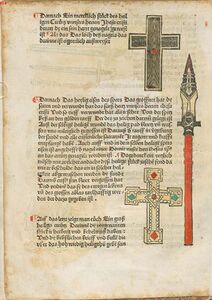 Reichskreuz, Heilige Lanze und kreuzförmiger Reliquienbehälter. Abb. aus: Abb. aus: Heiltum zu Nürnberg, 1487, fol. 193v. (Bayerische Staatsbibliothek, 4 Inc.c.a. 514)
