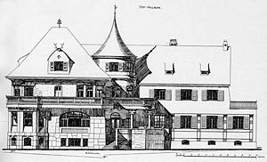 Villa Maffei in Feldafing, Ostfassade - nach einer Zeichnung von Emanuel von Seidl. (Bayerische Staatsbibliothek, Bildarchiv port-010374)