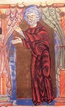 Darstellung des Hl. Wunibald (701-761) im Pontifikale Gundekarianum (entstanden um 1072, erweitert bis 1697). Wunibald war Gründer und erster Abt des Klosters Heidenheim am Hahnenkamm (Lkr. Weißenburg-Gunzenhausen). (Diözesanarchiv Eichstätt, Codex B 4, fol. 16r)