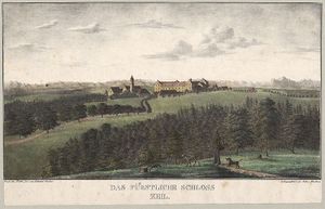 Das fürstliche Schloss in Zeil. Lithographie von Eduard Paulus und Jules Moutoux um 1825. (Württembergische Landesbibliothek Schef.qt.11515 lizensiert durch CC BY-SA 3.0)