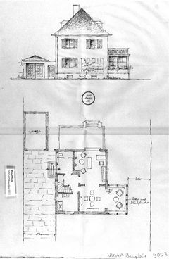 Skizze des Wohnhauses von Eva Braun in der Wasserburger Straße 12. (Bayerisches Hauptstaatsarchiv, NSDAP-Baupläne 9053)