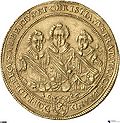Markgraf Friedrich III. von Brandenburg-Ansbach (reg. 1625-1634). Darstellung auf einer Golddukatenmünze zusammen mit seinen jüngeren Brüdern Albrecht (Markgraf, reg. 1634-1667) und Christian (1623–1633). (Münzkabinett der Staatlichen Museen zu Berlin, 18201927, lizensiert durch CC BY-NC-SA 3.0 DE)