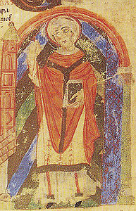 Darstellung des als Seligen verehrten Bischof Gundekars II. von Eichstätt (reg. 1057-1075) im Pontifikale Gundekarianum (entstanden um 1072, erweitert bis 1697). (Diözesanarchiv Eichstätt, Codex B 4, fol. 18r)