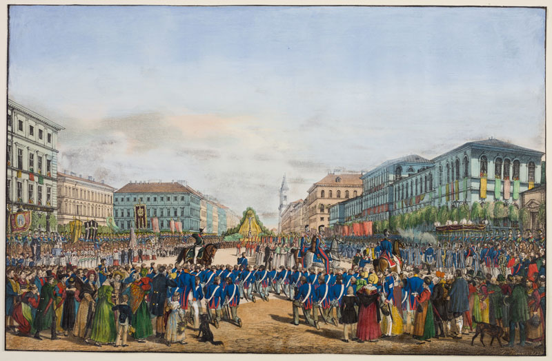Auf der Münchner Fronleichnamsprozession 1839 mussten alle Soldaten, auch die mit evangelischer Konfession, vor dem Allterheiligsten niederknien. Ludwig I. hatte dies 1838 im sog. Kniebeugeerlass angeordnet. Erst 1845 wurde die Verordnung wieder aufgehoben. Lithographie von Gustav Kraus (1804-1852), 1839. (Münchner Stadtmuseum, Sammlung Graphik/Gemälde, P 1820)