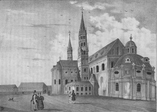 Würzburg, Dom. Lithographie von Johann Baptist Dilger (1814-1847), 1839. (Bayerische Staatsbibliothek, Bildarchiv port-000382)