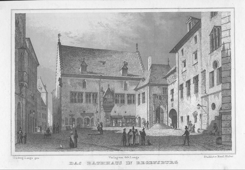 Tagungsort des Reichsdeputationshauptschlusses waren die Räume des Reichstages im Alten Rathaus in Regensburg. Stich von Emil Höfer (1815-1880), 1832. (Bayerische Staatsbibliothek, port-001130)