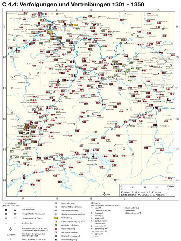 Verfolgungen und Vertreibungen 1301-1350. (aus: Alfred Haverkamp (Hg.), Geschichte der Juden im Mittelalter von der Nordsee bis zu den Südalpen. Kommentiertes Kartenwerk, 3 Bände (Forschungen zur Geschichte der Juden A 14), Hannover 2002, hier: Bd. 3, Karte C.4.4).