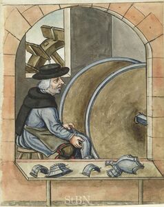 Der Harnischpolierer Hanns Muller (gest. 1568) wird im Hausbuch der Landauerschen Zwölfbrüderstiftung in seiner Werkstatt mit zwei großen Schleifrädern dargestellt. (Stadtbibliothek Nürnberg, Amb. 279.2°, f. 47r)