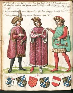 Herzog Ernst und Herzog Wilhelm von Bayern-München und Herzog Heinrich XVI. von Bayern-Landshut, in: Abbildungen bayrischer Regenten von Bavarus bis Sigmund. Desgleichen welfischer Fürsten, 16. Jahrhundert. (Bayerische Staatsbibliothek, Cgm 2822, fol. 40)