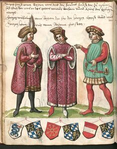 Herzog Ernst von Bayern-München (links, reg. 1397-1435), Herzog Wilhelm von Bayern-München (Mitte, reg. 1397-1435), Herzog Heinrich XVI. der Reiche von Bayern-Landshut (rechts, reg. 1393-1450), in: Abbildungen bayrischer Regenten von Bavarus bis Sigmund. Desgleichen welfischer Fürsten, 16. Jahrhundert. (Bayerische Staatsbibliothek, Cgm 2822, 40)
