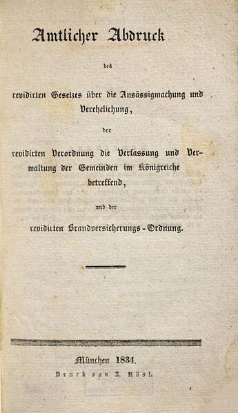 Datei:Titelseite Gesetz Ansaessigmachung Verehelichung 1834.jpg