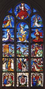 Weltgerichtsfenster im Mortuarium des Eichstätter Domes. Augsburg, um 1505, nach Entwurf von Hans Holbein d. Ä. (Corpus Vitrearum Freiburg i. Br., A. Gössel)