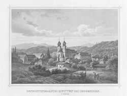 Kloster Metten, Stahlstich 1843. (Bayerische Staatsbibliothek, Bildarchiv port-00118)