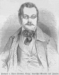 Gottlieb Carl Freiherr von Thon-Dittmer (1802-1853) war 1848 bis zum 14. November Innenminister. Holzschnitt von Matthew Urlwin Sears (1800-c. 1860). (Bayerische Staatsbibliothek, Bildarchiv port-003580)