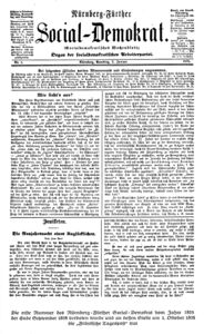 1874-1878 hieß die Zeitung "Nürnberg-Fürther Social-Demokrat", hier die Ausgabe vom 2. Januar 1875. (aus: Gärtner, Mit uns zieht eine neue Zeit, nach S. 32)
