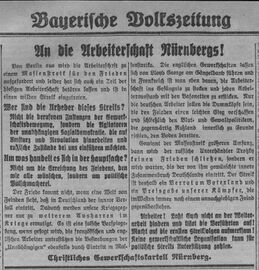 Aufruf an die Arbeiterschaft Nürnberg in der Nünberger Ausgabe der Bayerischen Volkszeitung vom 29.1.1918. (Bayerische Staatsbibliothek, 2 Eph.pol. 14 it-1918. 1/3)
