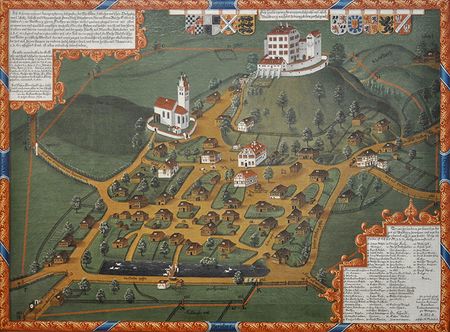 Schloss Waldburg und der gleichnamige Ort. Kopie eines Gemäldes von Joahnn Andreas Rauch (1575-1632). (Gemeinfrei via Wikimedia Commons)