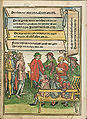Gerichtsszene aus der Bambergischen Halsgerichtsordnung. Kolorierter Holzschnitt aus der Ausgabe von 1507. (Bayerische Staatsbibliothek, Rar. 466)