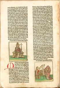 Holzschnitte Papst Marcus und St. Dionysius aus dem Druck der Legenda aurea sanctorum 1471. (Bayerische Staatsbibliothek, Rar. 733-1)