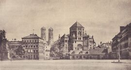 Die neue Synagoge in München, erbaut von Albert Schmidt 1884-87. Aufnahme vor Erbauung des Künstlerhauses. Abb. aus: Das Bayerland, Jahrgang 37 vom Oktober 1926, 625. (Bayerische Staatsbibliothek, 4 Bavar. 198 t-37)