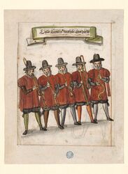 Fünf Stadtpfeifer beim Umzug des Messerschmiedehandwerks in Nürnberg. Druckgraphik aus einem Zunftbuch um 1600. (Germanisches Nationalmuseum, Nürnberg, HB3439)