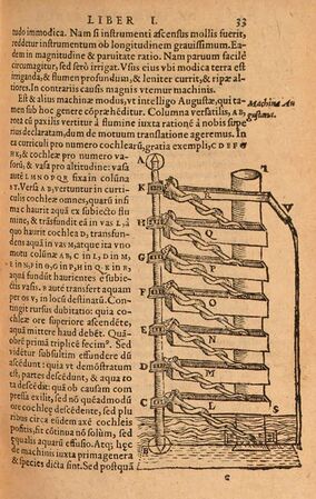 Graphik der „Machina Augustana“. Abgebildet und beschrieben in „De Subtilitate“ von Hieronymus Cardanus, Ausgabe von 1580: sieben übereinander angeordnete, von einem Wasserrad gleichsinnig angetriebene Archimedische Schrauben. (Bayerische Staatsbibliothek, Ph.u. 84)