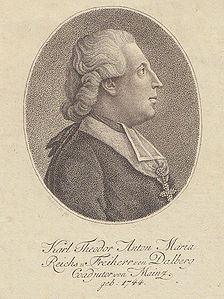 Karl Theodor Reichsfreiherr von und zu Dalberg (1744-1817), 1787 Koadjutor des Erzbischofs von Mainz, von 1802 bis 1806 Kurfürst von Mainz bzw. Regensburg und ab 1806 Fürstprimas des Rheinbundes. Kupferstich in Punktiermanier von Vitus Jeremias Vockerodt (geb. 1772). (Stadt- und Stiftsarchiv Aschaffenburg, Grafiksammlung)